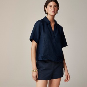 J.Crew Bungalow popover top in linen Navy Factory Promo | 68XSEVKBQ