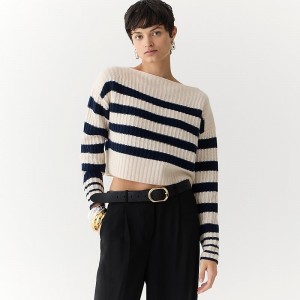 J.Crew Cashmere cropped boatneck sweater in stripe Hthr Muslin Navy Outlet Online | 78JLVUYMA