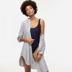 J.Crew Classic-fit beach shirt linen-cotton blend Navy White Sale | 29BYEALHC