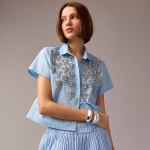 J.Crew Collection cropped button-up shirt with embellishments in pinstripe print Blue Pinstripe Outlet Online | 71NQUJDEP