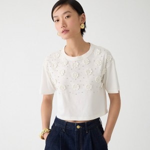 J.Crew Cropped T-shirt with crochet floral appliqués Ivory Clearance | 46PRXLMGF