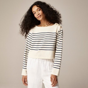 J.Crew Cropped boatneck T-shirt with buttons in mariner cotton Placed Crew Stripe Ivo Online | 04JEGACTX