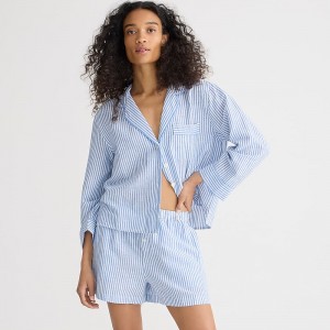 J.Crew Long-sleeve pajama short set in striped linen-cotton blend Blue Outlet | 94FVGQSWU