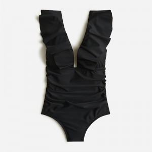 J.Crew Ruched ruffle one-piece swimsuit Black Sale | 21SYEQCLZ