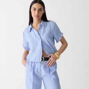 J.Crew Ruffle-trim button-up shirt in linen French Blue Outlet | 97DOILJAS