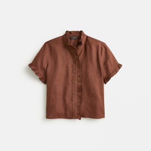 J.Crew Ruffle-trim button-up shirt in linen Roasted Cocoa Factory Promo | 61PKSVTNF