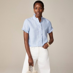 J.Crew Ruffle-trim button-up shirt in linen Blue Online | 87XMLJFOW