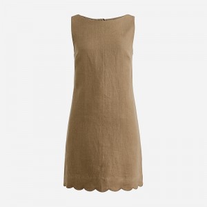 J.Crew Scalloped-trim shift dress in linen Umber Olive Clearance | 30QHXVYOI