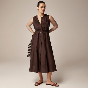 J.Crew Seamed tie-waist dress in linen Deep Chocolate Online | 82RBGPCWN