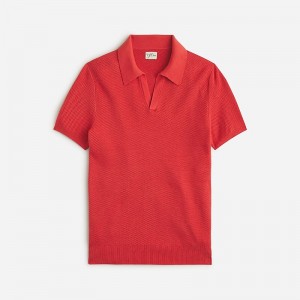 J.Crew Short-sleeve cotton mesh-stitch johnny-collar sweater-polo Scarlet Tulip USA | 14QSVFJAC