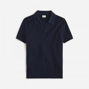 J.Crew Short-sleeve cotton mesh-stitch johnny-collar sweater-polo Navy Sale | 28UETXSND