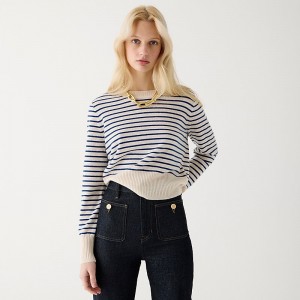 J.Crew Shrunken cashmere crewneck sweater in stripe Hthr Muslin Indigo Factory Outlet | 50FZSDUYE