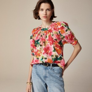 J.Crew Smock-neck puff-sleeve top in floral cotton poplin Pink Multi Floral Outlet | 91ZJWTFPG