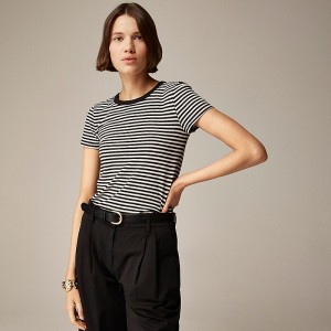 J.Crew Stretch linen-blend crewneck T-shirt Jade Stripe Black Natur Sale | 29KSEMOXI