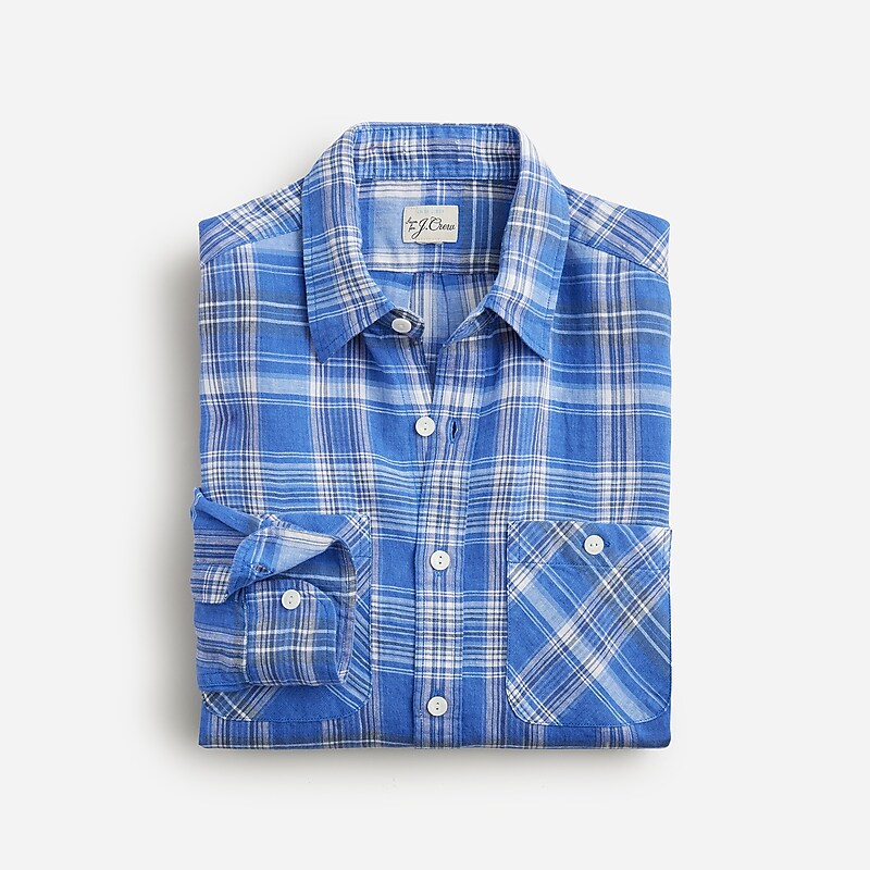 J.Crew Baird McNutt Irish linen two-pocket workshirt Bailie Runon Plaid Blue USA | 16HAUWRXP