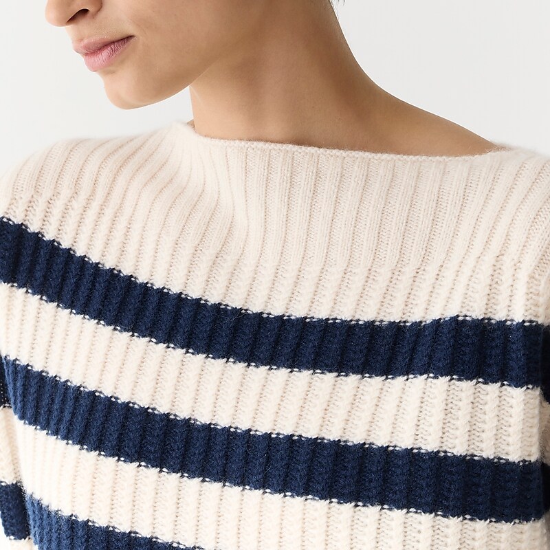 J.Crew Cashmere cropped boatneck sweater in stripe Hthr Muslin Navy Outlet Online | 78JLVUYMA