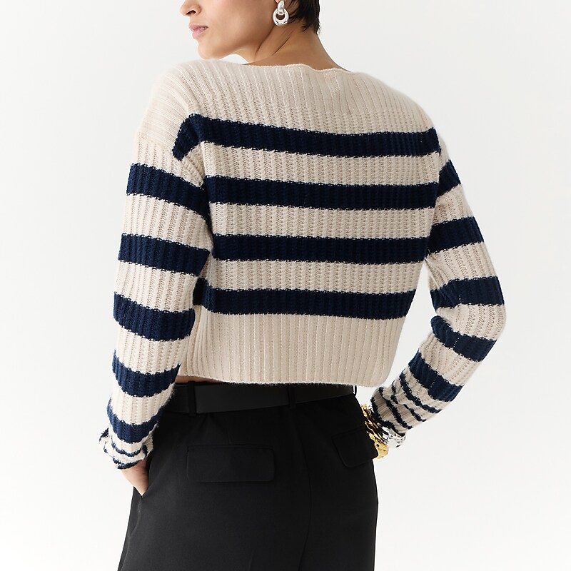 J.Crew Cashmere cropped boatneck sweater in stripe Hthr Muslin Navy Outlet Online | 78JLVUYMA