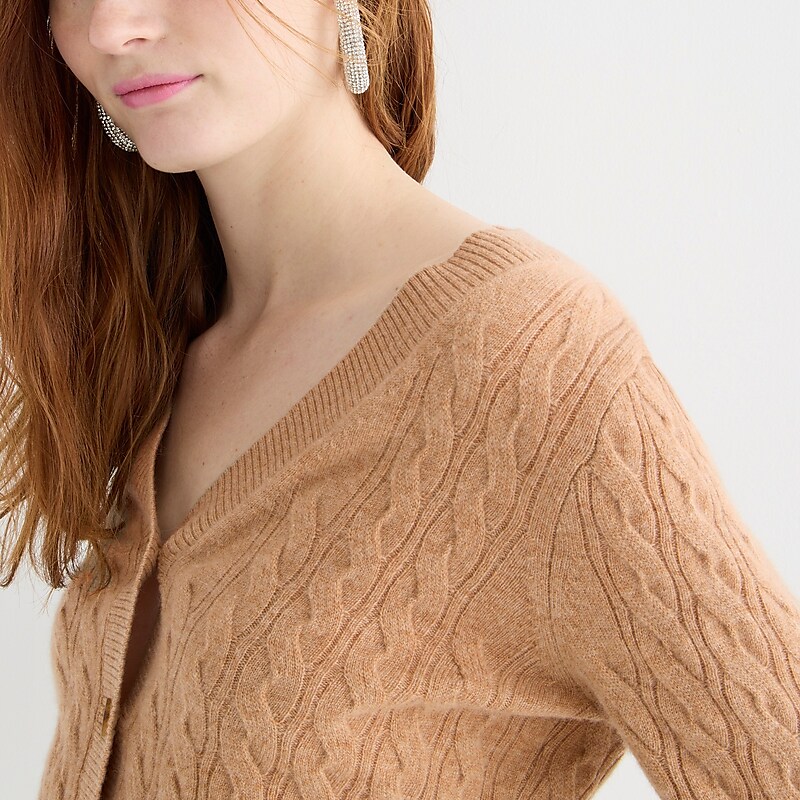 J.Crew Cashmere shrunken cable-knit V-neck cardigan sweater Hthr Camel Online | 86RNTBWZY