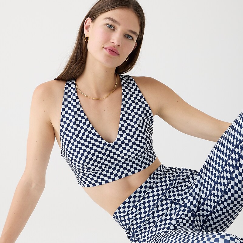 J.Crew CloudStretch deep V-neck sports bra in checkerboard Checkers Dark Evening Clearance | 38ZAEIXSW