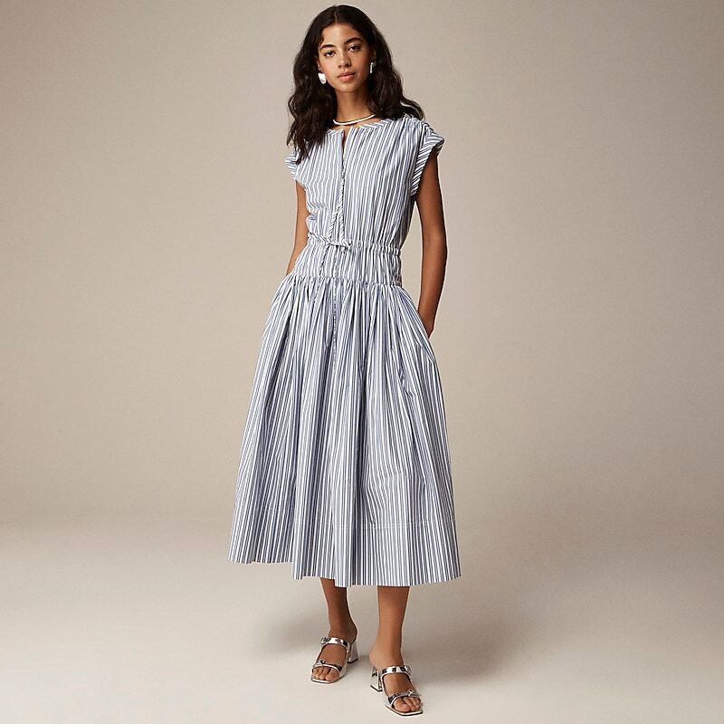 J.Crew Drop-waist midi dress in striped cotton poplin Blue Outlet Online | 78GZKJIHC