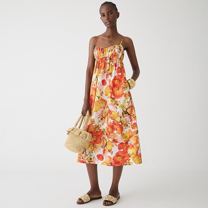 J.Crew Empire-waist midi dress in floral cotton poplin Orange Poppies Online | 04ATWCJPV