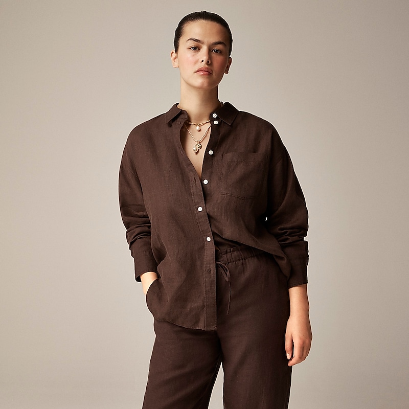 J.Crew Etienne oversized shirt in Baird McNutt Irish linen Deep Chocolate Factory Promo | 62RQMYCNO