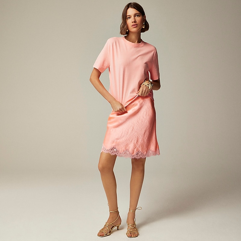 J.Crew Gwen lace-trim slip skirt in textured satin Brilliant Peony USA | 10VHRZUXI