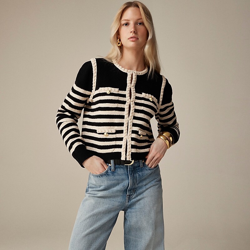 J.Crew Odette sweater lady jacket in striped bouclé Black Moroccan Sand Clearance | 49GBKURNL