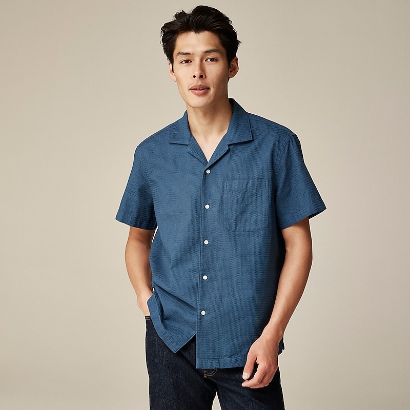 J.Crew Relaxed short-sleeve textured cotton camp-collar shirt Navy Shoreline Factory Promo | 60NKYGJID