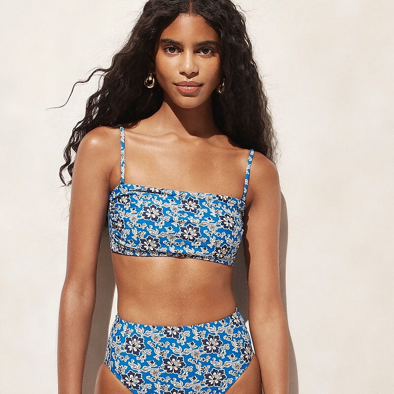 J.Crew Ruched bandeau bikini top Bright Azurite Floral Clearance | 35DSBUEGX