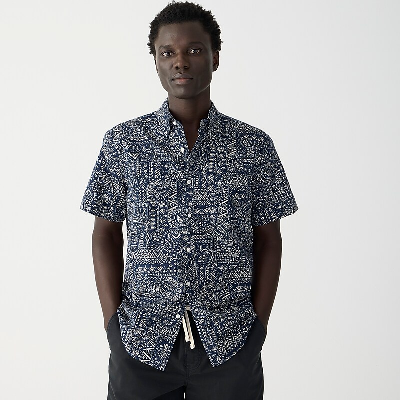 J.Crew Short-sleeve cotton-linen blend shirt in print Ocean Batik Indigo Natu Online | 89UVHIAWK