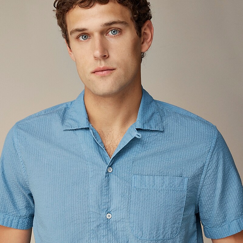 J.Crew Short-sleeve garment-dyed seersucker camp-collar shirt Icy Pool Clearance | 46TICYSPV