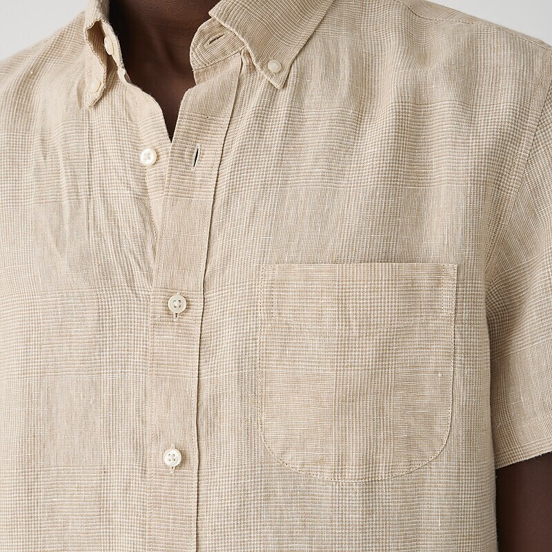 J.Crew Short-sleeve linen shirt in print Downing Glen Plaid Tan Sale | 20VPQAIUO