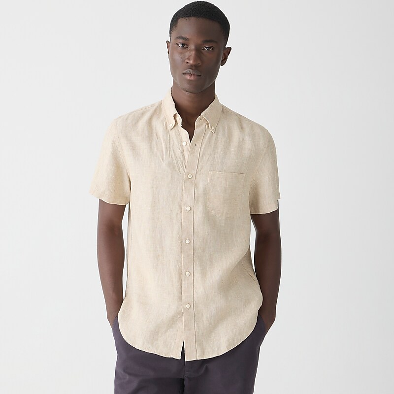 J.Crew Short-sleeve linen shirt in print Downing Glen Plaid Tan Sale | 20VPQAIUO