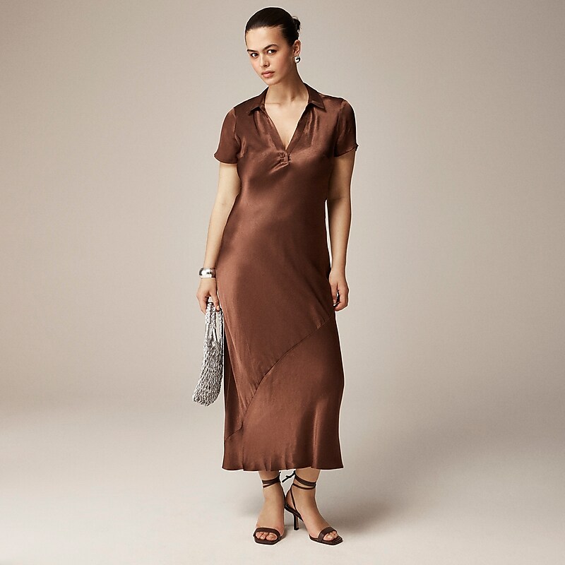 J.Crew Short-sleeve maxi slip dress in luster crepe Roasted Cocoa Clearance | 48WCNUHGY