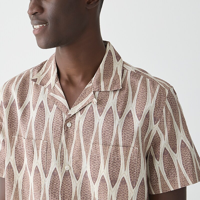 J.Crew Short-sleeve slub cotton-linen blend camp-collar shirt in print Fish Dark Taupe Factory Promo | 64YJSQRVF