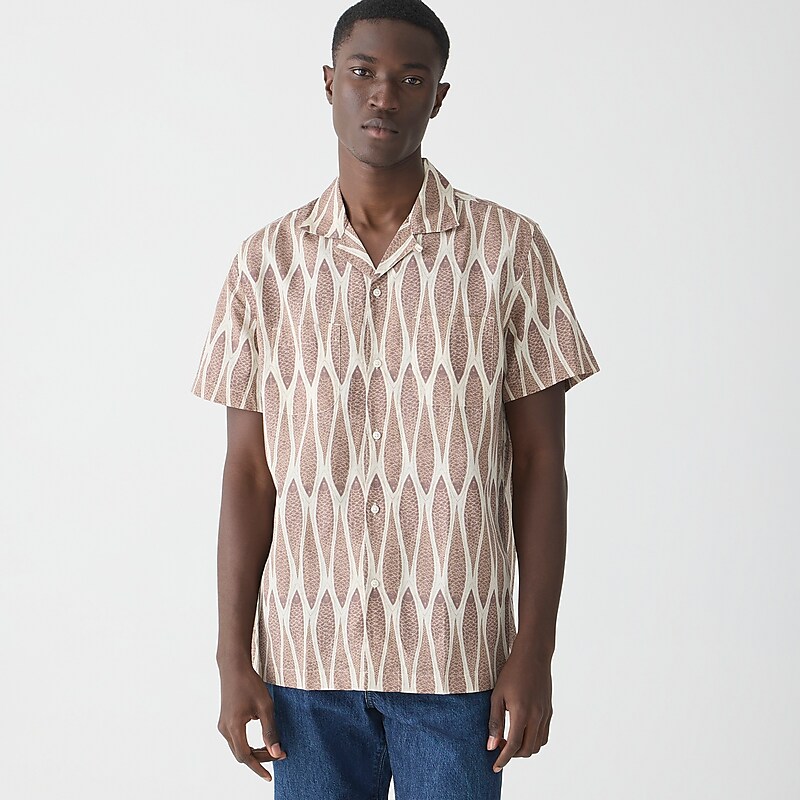 J.Crew Short-sleeve slub cotton-linen blend camp-collar shirt in print Fish Dark Taupe Factory Promo | 64YJSQRVF