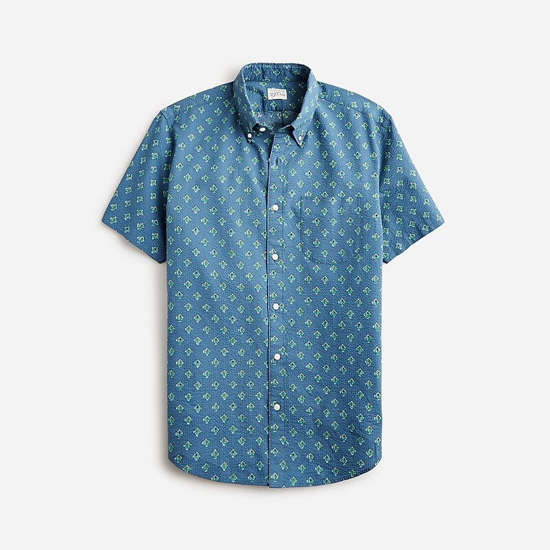 J.Crew Short-sleeve yarn-dyed seersucker shirt Flower Stamp Shadow Blu Clearance | 35MUPLVEN