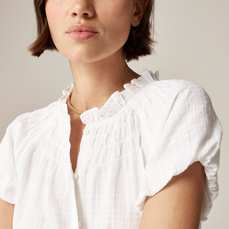 J.Crew Smocked-neck top in textured gauze White Clearance | 31SZGNKBT