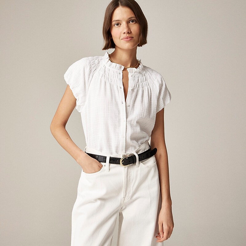 J.Crew Smocked-neck top in textured gauze White Clearance | 31SZGNKBT