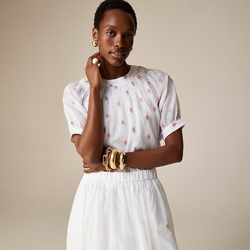 J.Crew Smock-neck puff-sleeve top White Red Clip Factory Promo | 67NRXBOQC