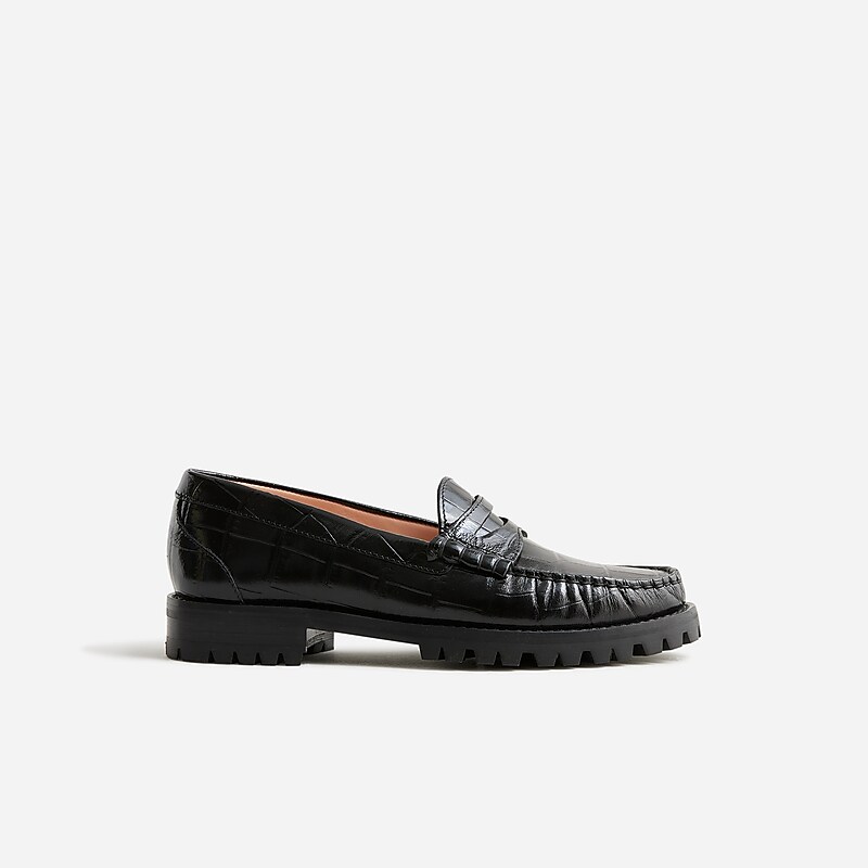 J.Crew Winona lug-sole penny loafers in croc-embossed leather Black Online | 82CDKXFJZ