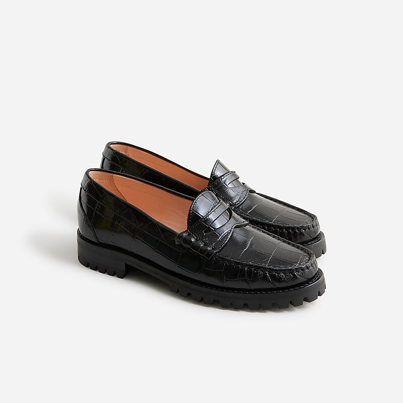 J.Crew Winona lug-sole penny loafers in croc-embossed leather Black Online | 82CDKXFJZ