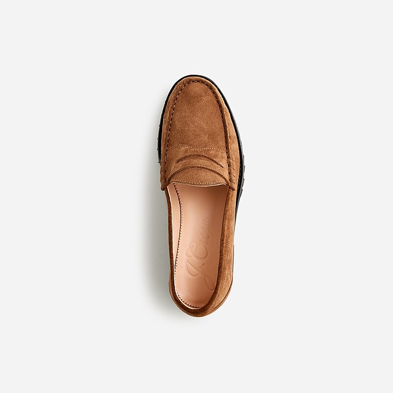 J.Crew Winona lug-sole penny loafers in suede Rich Toffee Factory Promo | 63ATINHCB