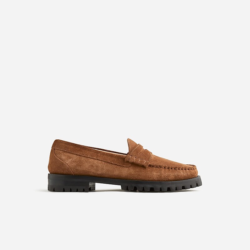 J.Crew Winona lug-sole penny loafers in suede Rich Toffee Factory Promo | 63ATINHCB